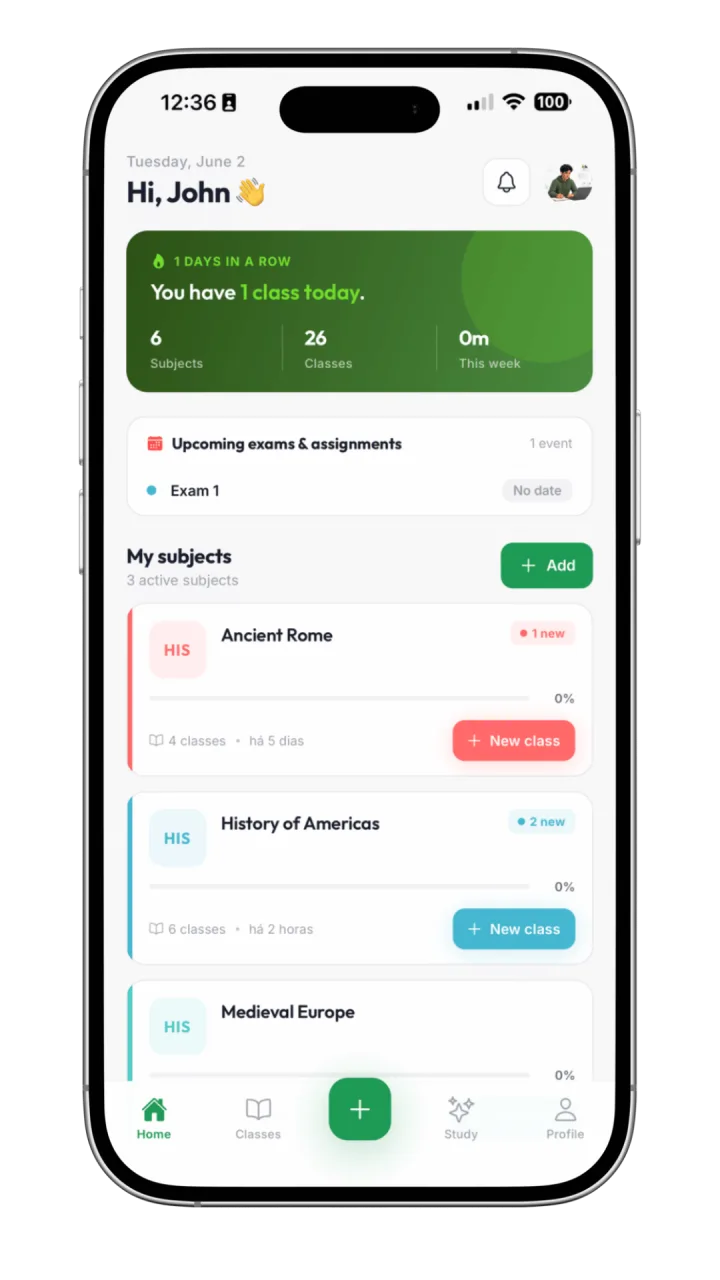 The Katav dashboard showing classes, notes and flashcards