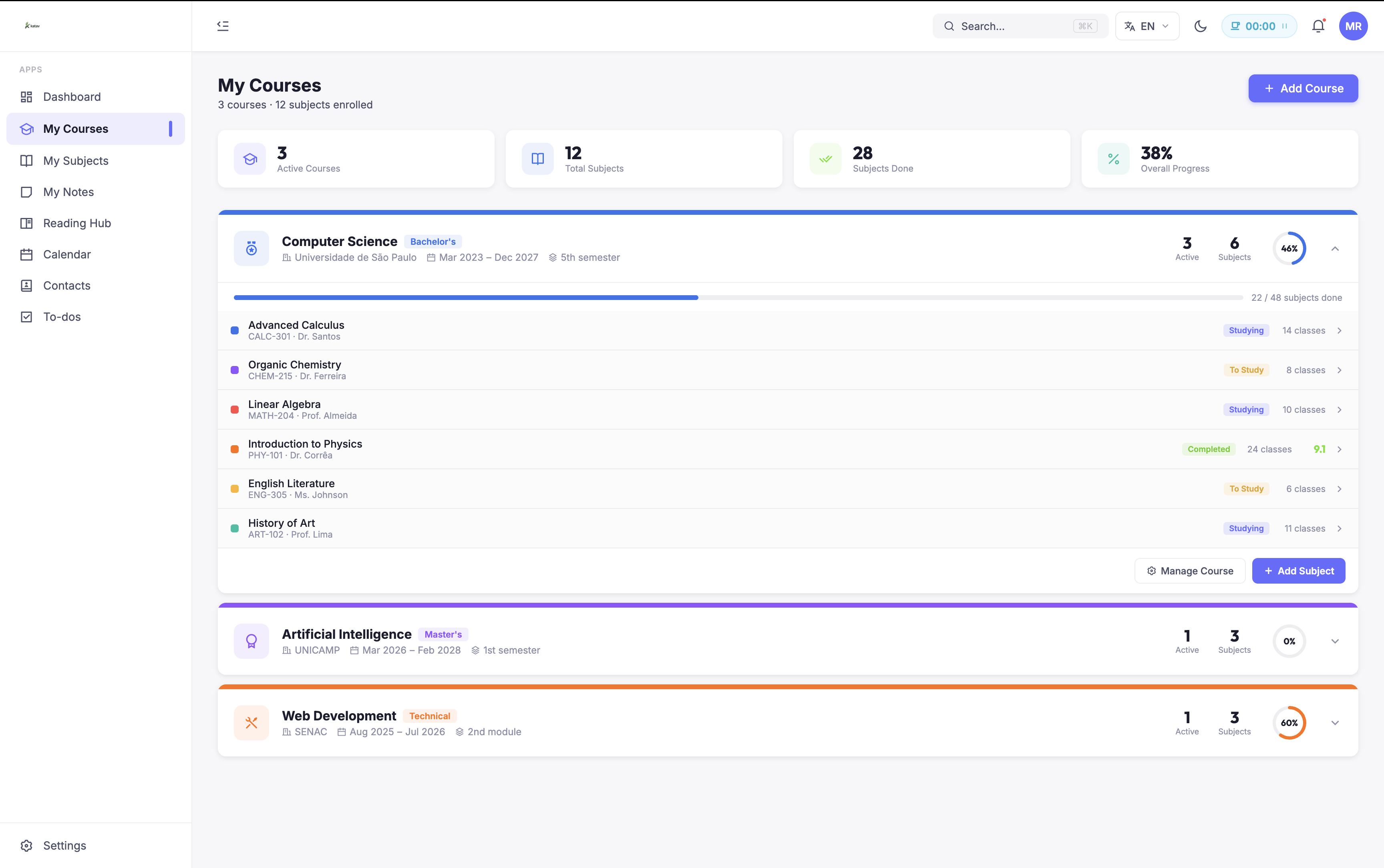 Courses and subjects organized your way